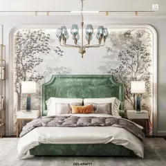 Your bedroom should be your personal sanctuary. Here, we created a tranquil retreat with a statement-making emerald green velvet bed, framed by a delicate, nature-inspired wall mural that brings a sense of the outdoors inside.