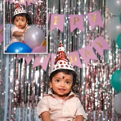 A collage from a first birthday party, showing the birthday boy in his party hat against a festive backdrop. The inset photo captures a close up of his adorable, curious expression.