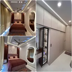 Luxury details in everything we design. This collage shows a luxury room with a unique free-form backlit mirror, a sophisticated padded headboard, and a sleek sliding wardrobe with an integrated glass display and dresser unit.