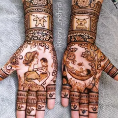 This whimsical design tells the story of a mother's love. One hand features a mother holding her child, while the other shows a baby peacefully sleeping in a cradle, surrounded by delicate floral and leaf patterns.