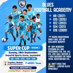 The official poster for our Super Cup Season 3, detailing the date, venue, categories, and registration fee.