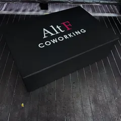 This is the custom branded gift box we created for Alt F Coworking. We love a minimalist aesthetic, and the simple, elegant branding on the black box makes a quiet statement of quality and care.