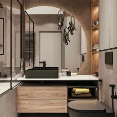 This modern bathroom uses a unique arched mirror and dramatic pendant lighting over a black vessel sink for a bold statement.
