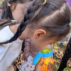 Two young explorers with braided hair, peering intently into a bug jar. It's a moment of shared discovery, learning about the small creatures that inhabit our world.