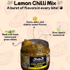 Our Lemon Chilli Mix offers a burst of flavours in every bite. Made with fresh lemons and green chillies, it's slow-aged in mustard oil for a zesty, spicy, and slightly sweet taste.
