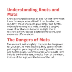 Knots are tangled clumps of fur that can tighten into mats, which are dangerous for your pet. These tight pelts can restrict airflow, cause bacterial infections, and even cut off circulation.