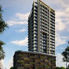 A rendering of our Jade Crest project in Matunga, showcasing a biophilic facade design. The building's podium is designed with integrated planters and vertical gardens, bringing nature into the urban fabric of the building itself.
