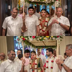 The bride's grand entrance under a floral canopy. This collage shows her two stunning wedding sarees, one in red and one in green, both paired with traditional gold temple jewelry. It highlights the importance of different looks for various ceremonies.