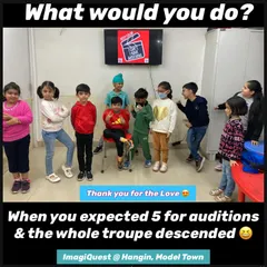 The turnout for our theatre auditions was amazing. This photo captures the large group of enthusiastic kids who came to try out, showing the vibrant community of young performers at Hangin.