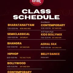 Our class schedule, covering a wide range of styles from Bharatanatyam and Contemporary to Bhangra and Aerial Silk. There's a rhythm for everyone at Etram.