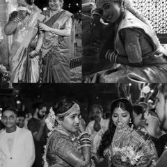 A collage of emotional and candid black and white moments from a South Indian wedding. It captures the tears, smiles, and loving glances that make the day special.