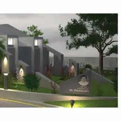 A 3D visualization of the memorial's entrance, marked by a commemorative plaque. The design uses layered geometric forms and carefully selected plantings to guide visitors and set a respectful, welcoming tone.