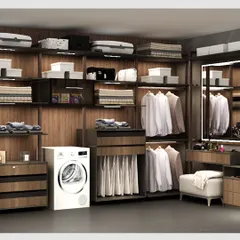 We designed this comprehensive walk-in closet to be a complete garment care station. It features dedicated sections for hanging clothes, folded items, accessories, and even integrates a washing machine, proving that functionality and luxury can coexist beautifully.
