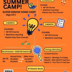 For our older students aged 14 and up, the Super Senior Home Camp offers advanced courses in AR/VR and Machine Learning. This poster provides information on the curriculum, duration, and special offer pricing for the camp.
