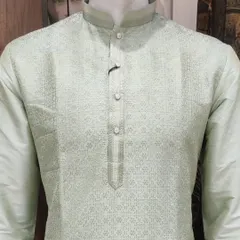 A light pistachio green kurta with tone-on-tone self-embroidery. This is a perfect example of a simple, elegant piece that is versatile enough for any festive occasion.