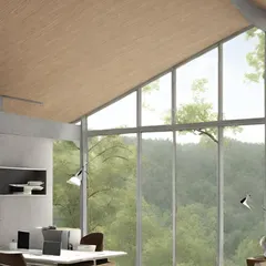 A closer look at the workspace layout, featuring large windows that erase the boundary between the office and the lush green outdoors. The sloping ceiling adds architectural interest and enhances the feeling of spaciousness.