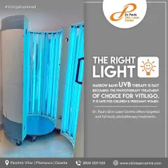 This is our full-body Narrowband UVB phototherapy unit. It is considered a gold standard in vitiligo care, delivering targeted light to treat widespread patches. This therapy is safe and effective for both adults and children.
