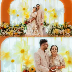 A collage of the couple at their Haldi, surrounded by floral decor. Their coordinated outfits and happy smiles say it all.