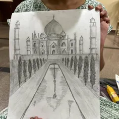 A student's wonderful pencil sketch of the Taj Mahal. We worked on perspective and architectural details to capture this iconic monument.