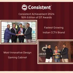 A collage celebrating our achievements at the 16th Edition of the DT Awards in 2024. We were recognized as the 'Fastest Growing Indian CCTV Brand' and for 'Most Innovative Design Gaming Cabinet'.