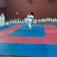 A young girl performs a solo Taekwondo kicking form on the training mats. This showcases her balance and technique in front of her fellow students, building performance confidence.