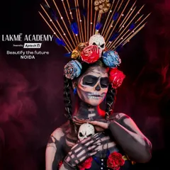 A full-body view of the illusion skull makeup, showcasing the detailed body paint and elaborate headpiece. Our fantasy course covers concept development from head to toe.