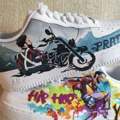 A closer look at the personalized sneakers showing the two contrasting themes. It was a challenge to make them feel like a cohesive pair, but I love how the two halves tell a complete story.