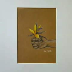 Titled 'With Champaka', this mixed-media drawing is part of a series focusing on hands. Here, a hand gently holds the fragrant flower, a simple gesture full of meaning.