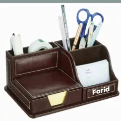 This personalized leather desk organizer is a perfect way to keep a workspace tidy. It has compartments for pens, notes, and business cards, and can be customized with a name.