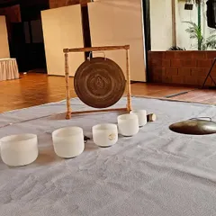 A close-up of the setup for a sound meditation session. You can see the arrangement of crystal singing bowls, a chau gong, and a wave drum, each ready to contribute its unique frequency to the healing experience.