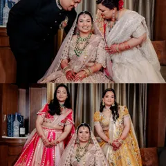 A beautiful collage of the bride with her parents and sisters. These family portraits are cherished memories of love and support on the wedding day.