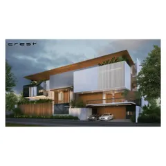 A concept render for the 'House of Reddys,' a high-end residence in Bangalore. The design features a complex interplay of volumes, materials, and textures, including marble, timber, and fluted panels.