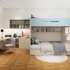 An amazing all-in-one unit for a shared kids' room. This design includes a bunk bed, a large L-shaped study desk for two, and plenty of open and closed storage.