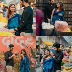 A collage showcasing various moments from the Dadar market shoot, from smelling flowers to sharing quiet glances.
