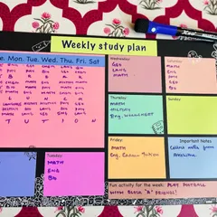 My reusable weekly study planner is designed to make homework and scheduling fun. It's magnetic, comes with an erasable marker, and has colorful blocks for each day.