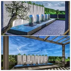 The completed terrace concept, visualized in a 3D render. The raw construction is transformed into a serene oasis with a water feature, stone cladding, and integrated planters.