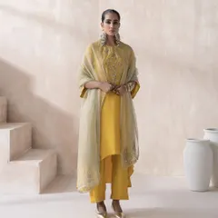 This full-length shot from the Saisha 'Firdaus' lookbook features a mustard yellow kurta set. I styled it with an embroidered organza dupatta and statement earrings to present a complete, ready-to-wear festive look.