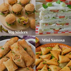 A collage showcasing my vegetarian high tea menu. It features a delicious mix of items like tomato basil bruschetta, chilli cheese toast, veg cutlets, and quesadillas.