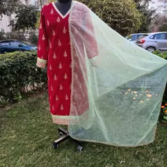 This luxurious red velvet suit is perfect for winter festivities. The kurta features delicate gold embroidery, and it's paired with a contrasting light green net dupatta.