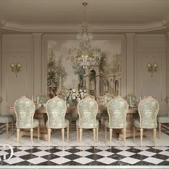 This dining experience is defined by fine textiles and intricate decor. The chairs are upholstered in a delicate patterned fabric, set against a stunning wall mural of a classical landscape, all under a brilliant crystal chandelier.