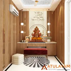 This modern pooja room combines traditional elements with contemporary design, featuring wooden slat walls, a marble platform, and a striking radial inlay on the floor.