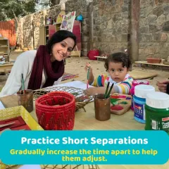 A mother and child work on an art project together. Practicing short separations starts with building trust, and these shared activities help your child feel secure and loved.