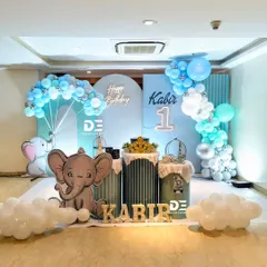 A modern and stylish baby elephant theme for Kabir's first birthday. I used clean lines, arched backdrops, and a cool blue and white color scheme with cloud props on the floor.