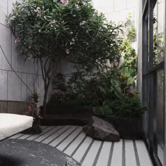 This rendering captures a secluded courtyard, emphasizing the creation of a tranquil atmosphere. I focused on the textures of the stone flooring, the central planter, and the mature frangipani tree to create a serene and private oasis.