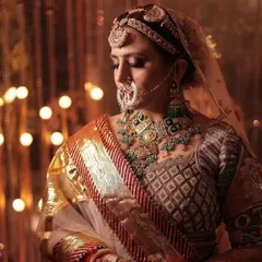 A dramatic shot of our bride wearing an elaborate polki and emerald green choker set. The intricate details of the nath and sheeshpatti are highlighted by the beautiful lighting.