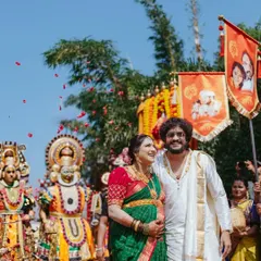 Capturing the grand scale and vibrant energy of a traditional Seemantha procession. This shot shows the joyful celebration with folk performers, showcasing how I document not just the couple, but the entire festive atmosphere of the day.