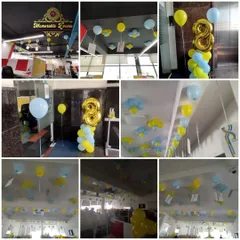 A collage showing different angles of the 8th-anniversary decor at Zolostays. You can see how the balloon arrangements and large foil numbers were placed to decorate the entrance, elevator area, and main office space.