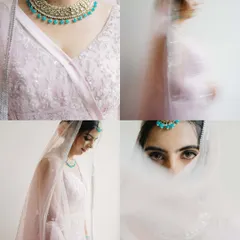 A collage of artistic bridal portraits of Karishma. It showcases different moods and styles, from a motion blur effect to an intimate close-up, all highlighting her beauty.