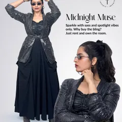 I call this my 'Midnight Muse' look. I've layered a black sequin blazer over the same black bustier and skirt, adding sunglasses for a touch of mystery. It's a perfect example of layering to create a new outfit.