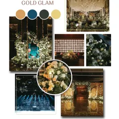 A mood board for a 'Gold & Glam' Sangeet night. This collage combines decor inspiration, lighting ideas, and floral arrangements to create a vision for a dramatic, Bollywood-style celebration.